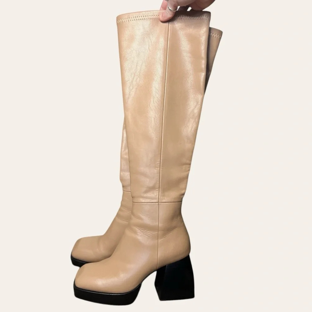 Jeffrey Campbell Dauphin Over The Knee Tan Boots Square Toe Platform Heel 8.5 - Picture 5 of 13